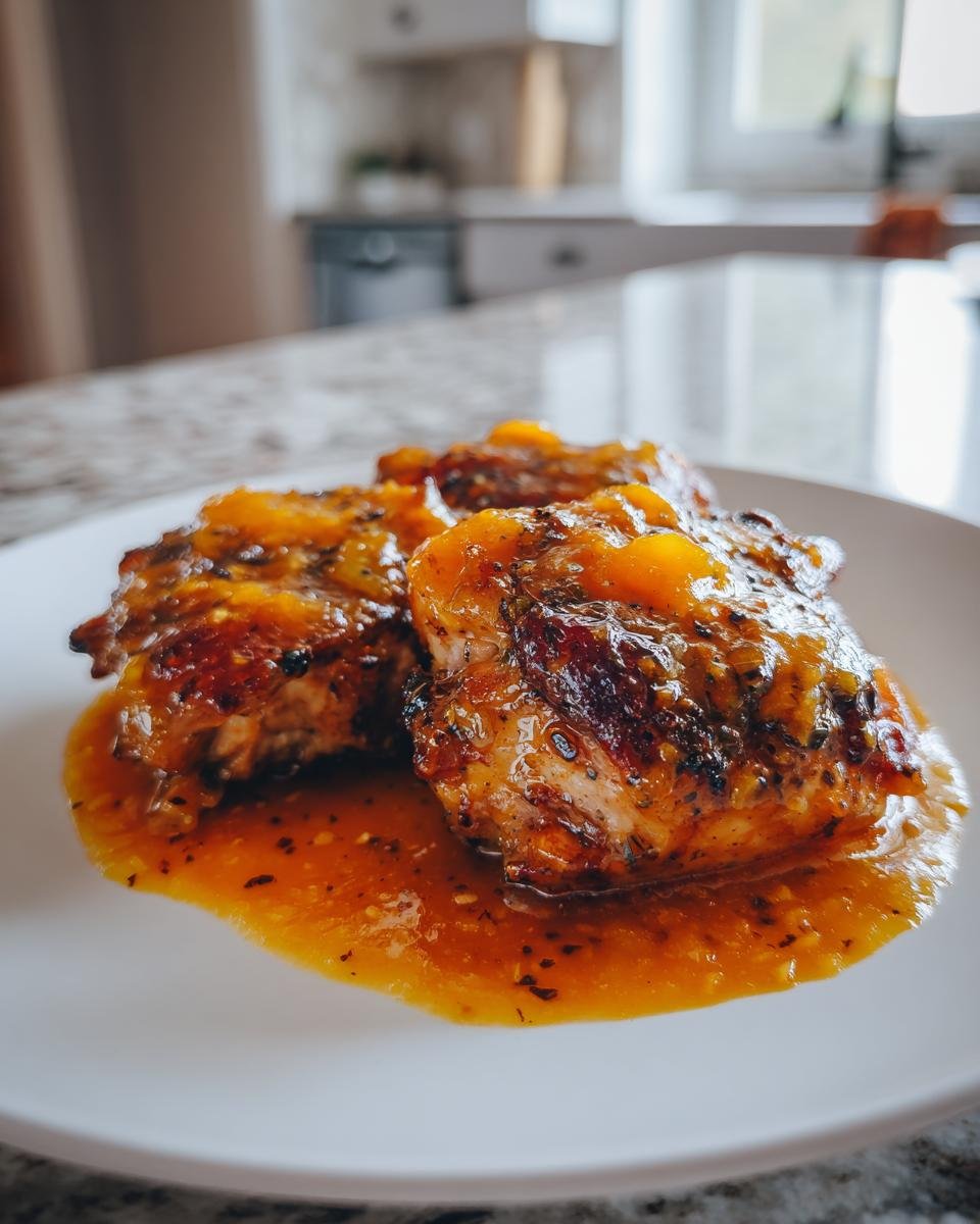 Close-up of grilled Jamaican Jerk Chicken pieces topped with a vibrant orange stone fruit sauce on a white plate.