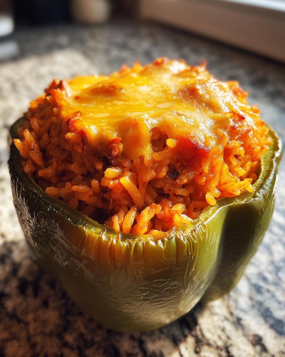 Close-up of a green bell pepper filled with orange Jambalaya Stuffed Peppers mixture and topped with melted cheddar cheese.