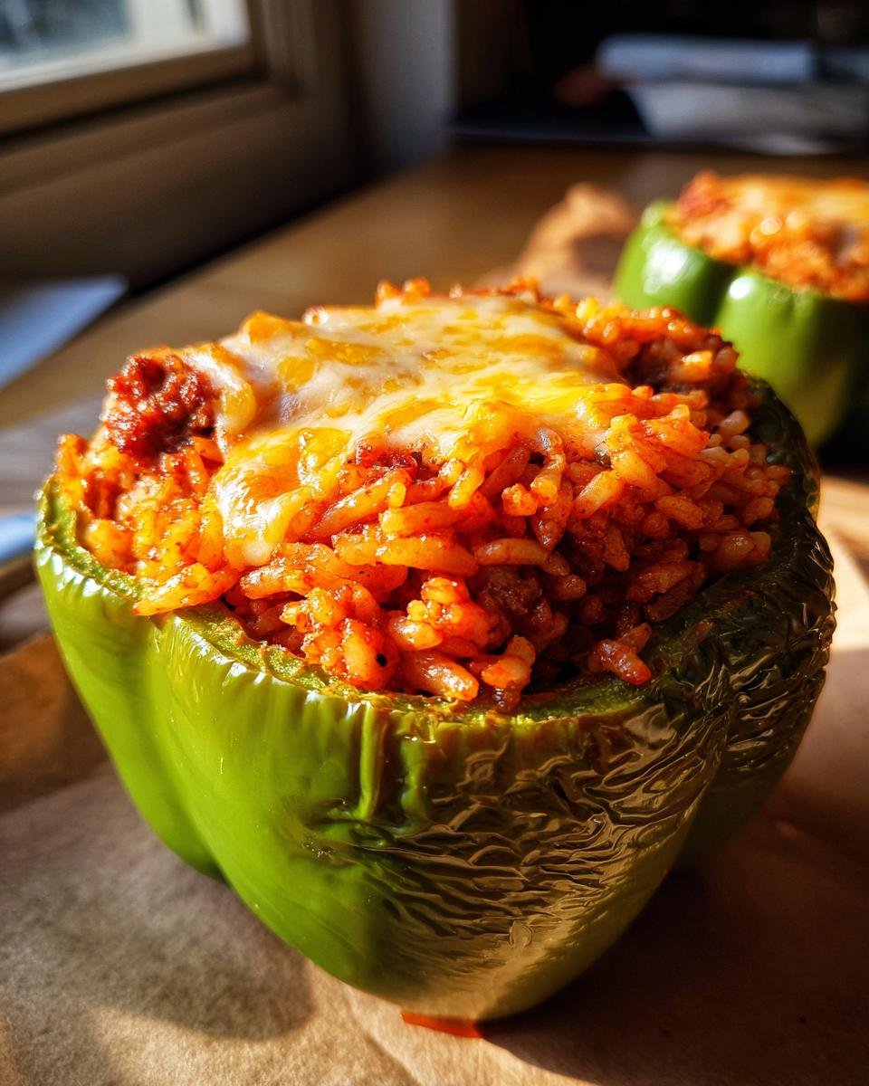 A close-up of a bright green bell pepper filled with savory Jambalaya Stuffed Peppers mixture and topped with melted cheese.