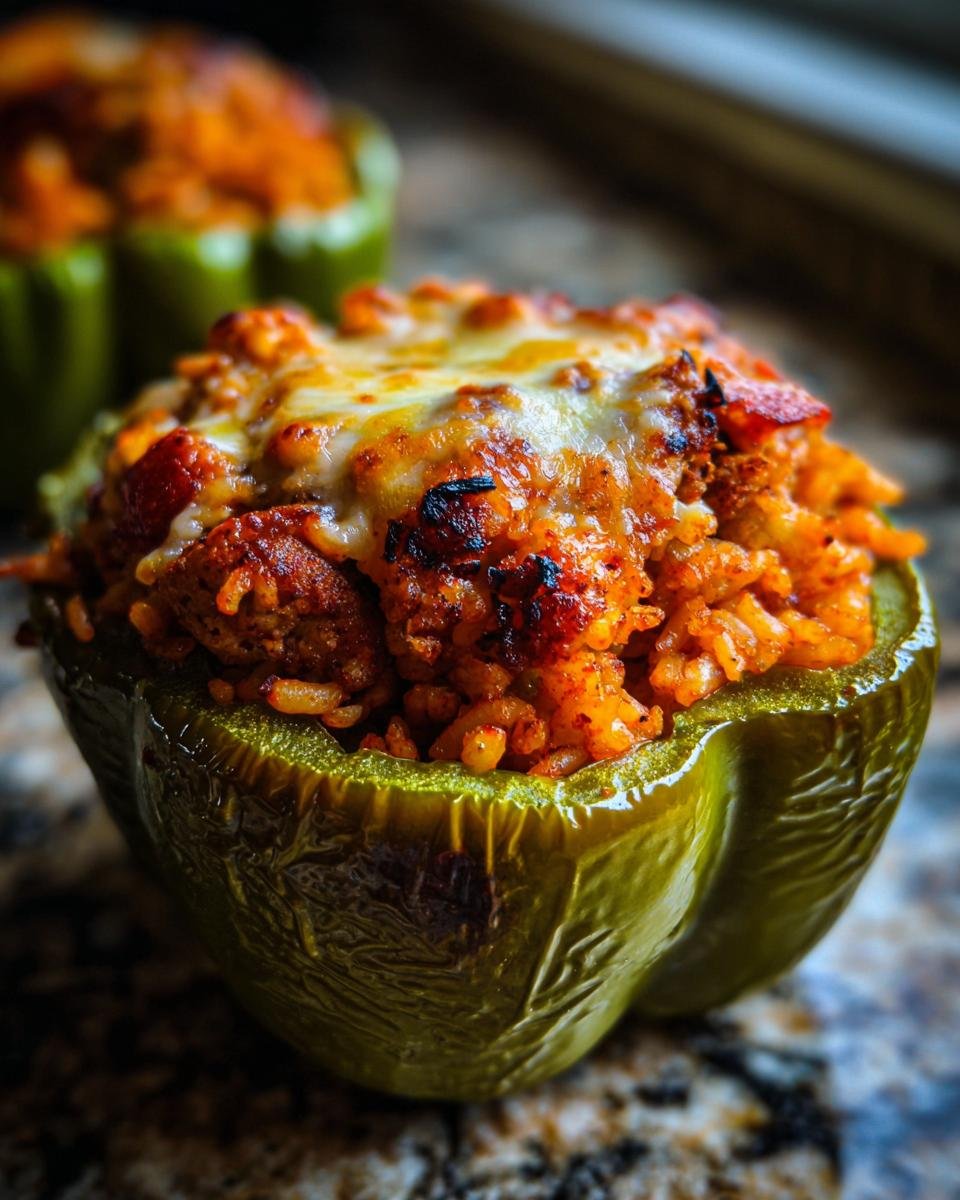 A close-up of a baked green bell pepper filled with spicy Jambalaya Stuffed Peppers mixture and topped with melted cheese.