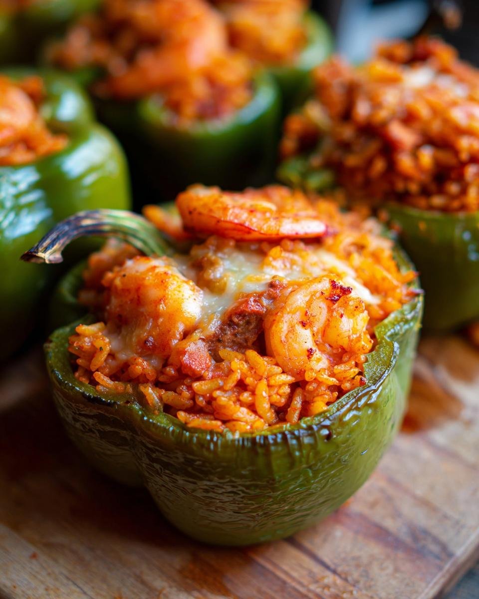A close-up of a baked green bell pepper filled with orange Jambalaya Stuffed Peppers mixture and topped with melted cheese and shrimp.
