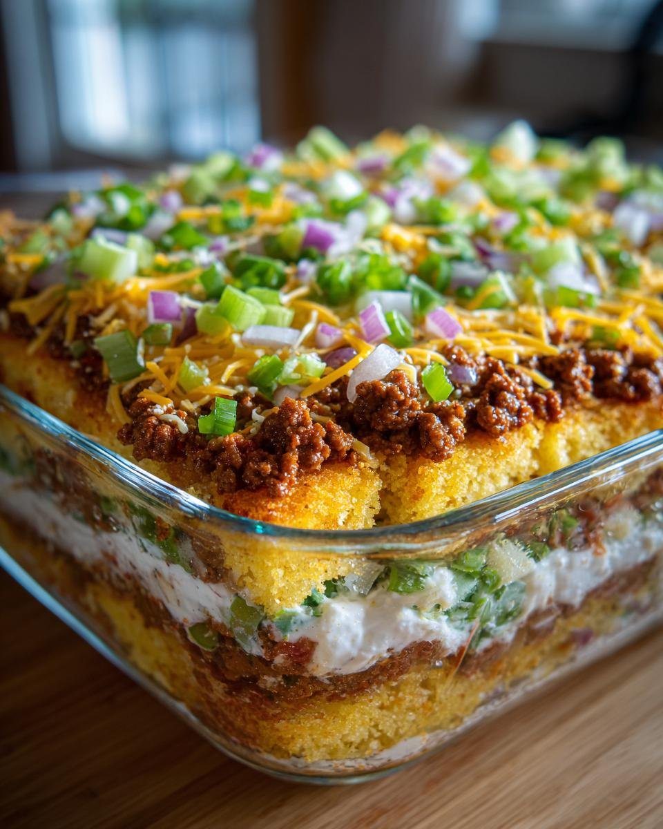 Close-up of a layered Jiffy Cornbread Salad Recipe in a glass baking dish, topped with chili, cheese, and green onions.