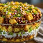 Close-up of a layered Jiffy Cornbread Salad Recipe in a glass trifle dish, topped with ground beef, cheese, and onions.