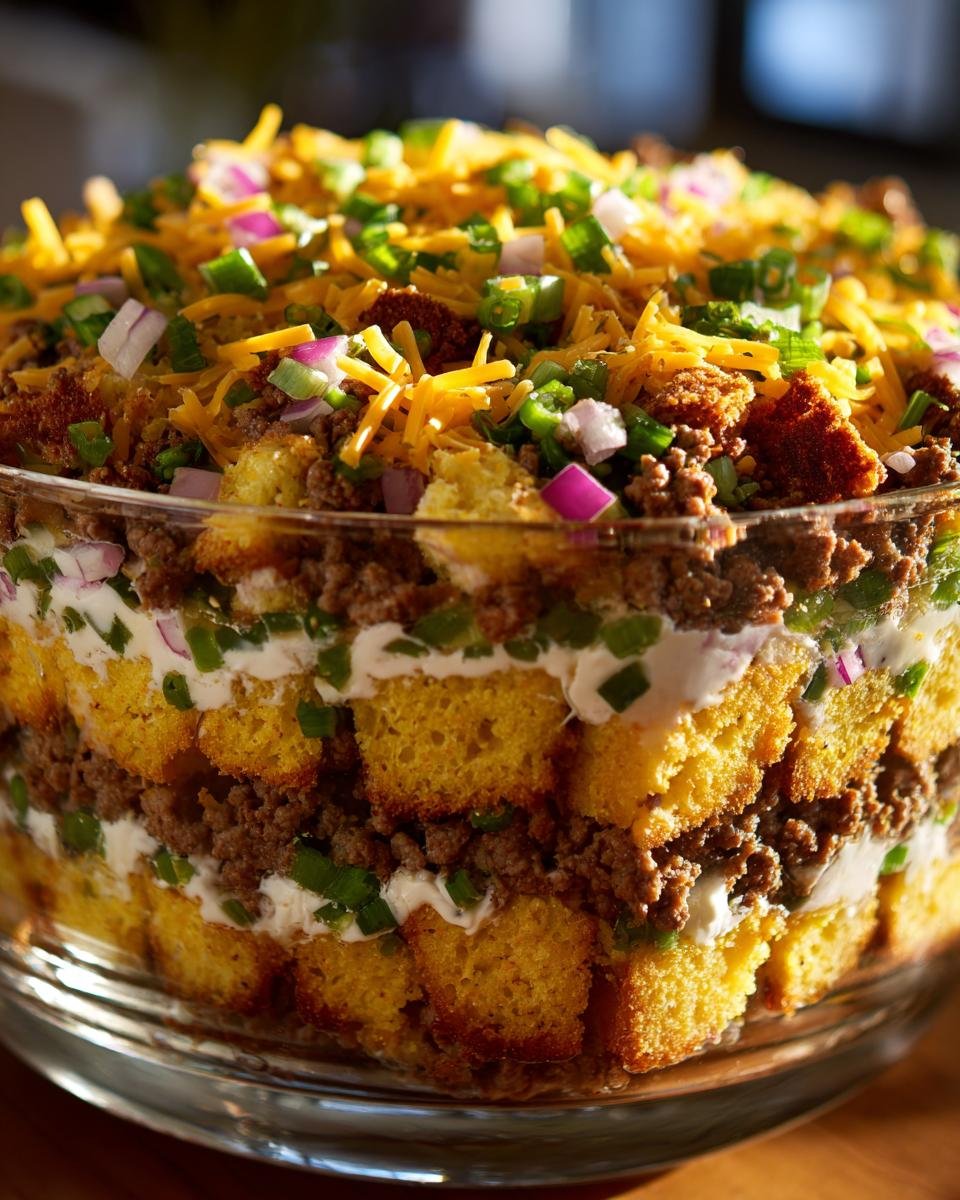 Close-up of a layered Jiffy Cornbread Salad Recipe in a glass trifle bowl, topped with cheese and onions.
