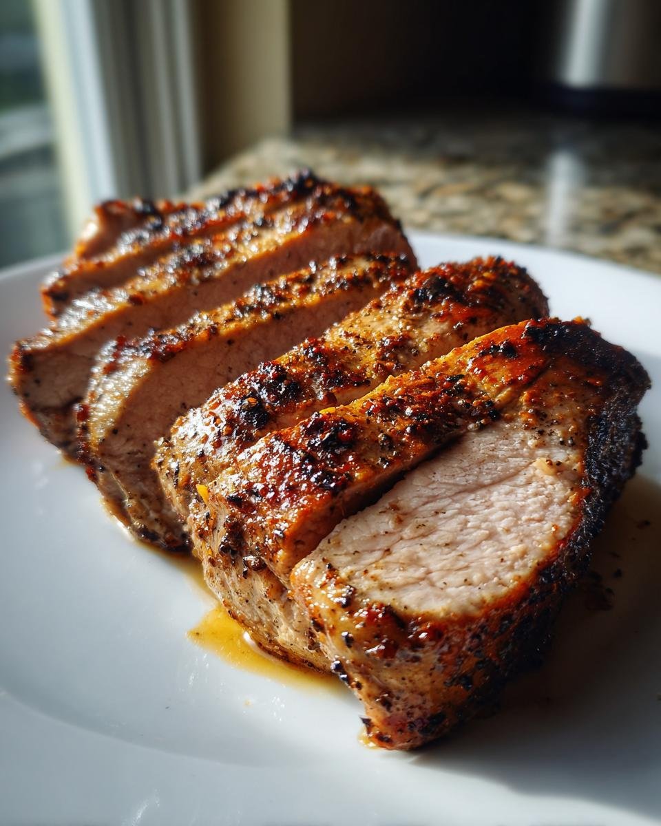Close-up of three thick slices of perfectly cooked Air Fryer Pork Tenderloin on a white plate.
