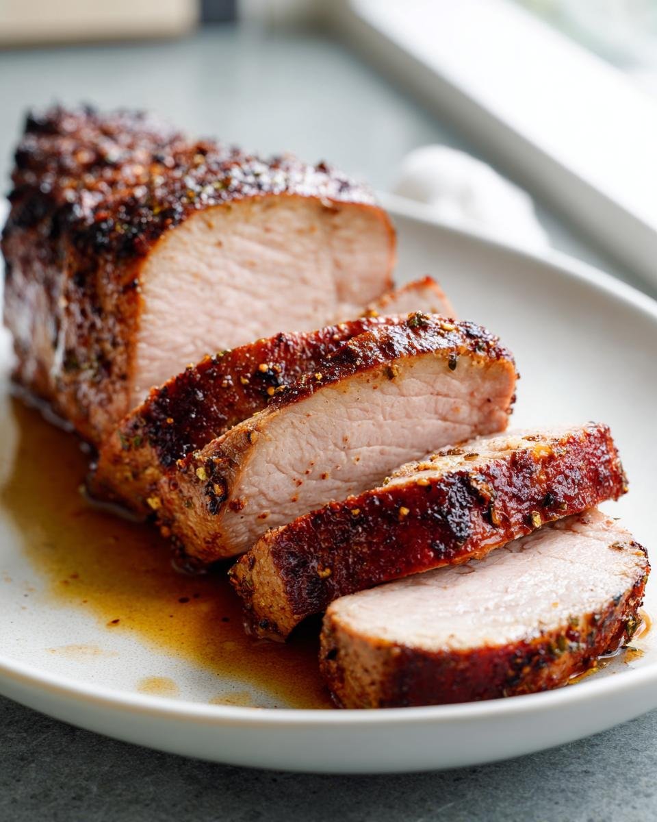 Close-up of sliced Air Fryer Pork Tenderloin showing a perfectly cooked, juicy interior and seasoned crust.