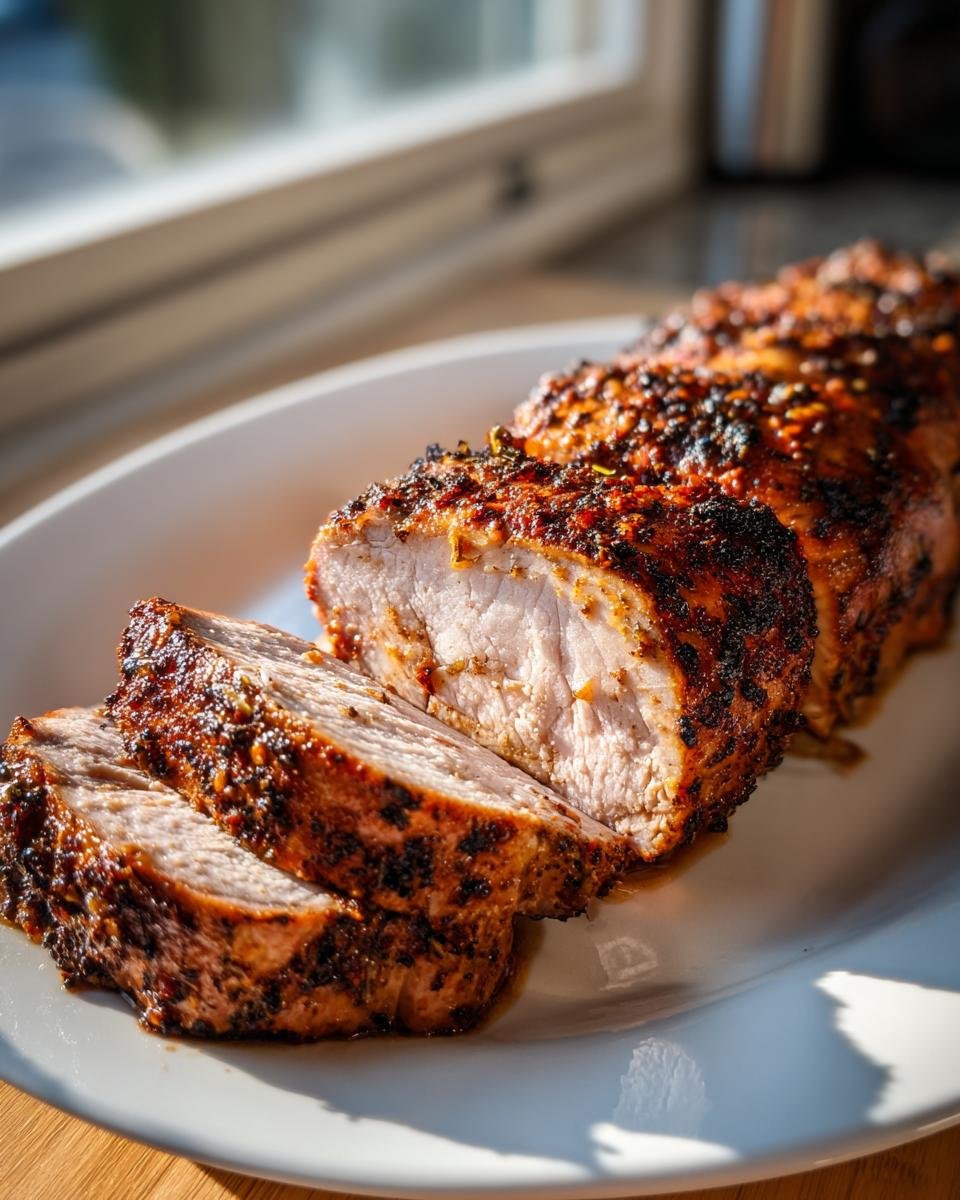 A perfectly cooked and sliced Air Fryer Pork Tenderloin showing a juicy interior and seasoned crust.