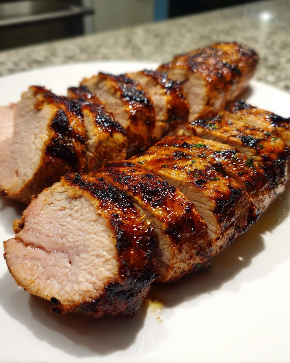 Close-up of perfectly cooked, sliced Grilled Pork Tenderloin with a dark, caramelized glaze.