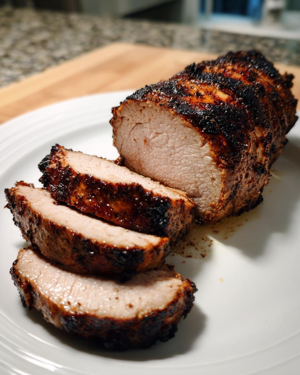Juicy Grilled Pork Tenderloin, sliced to show the moist interior and dark, seasoned crust.