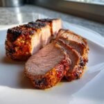 Close-up of perfectly cooked Grilled Pork Tenderloin, sliced to show the juicy pink interior and charred crust.