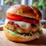 Close-up of a Juicy Turkey Burger stacked high with melted cheese, tomato slices, and lettuce on a brioche bun.