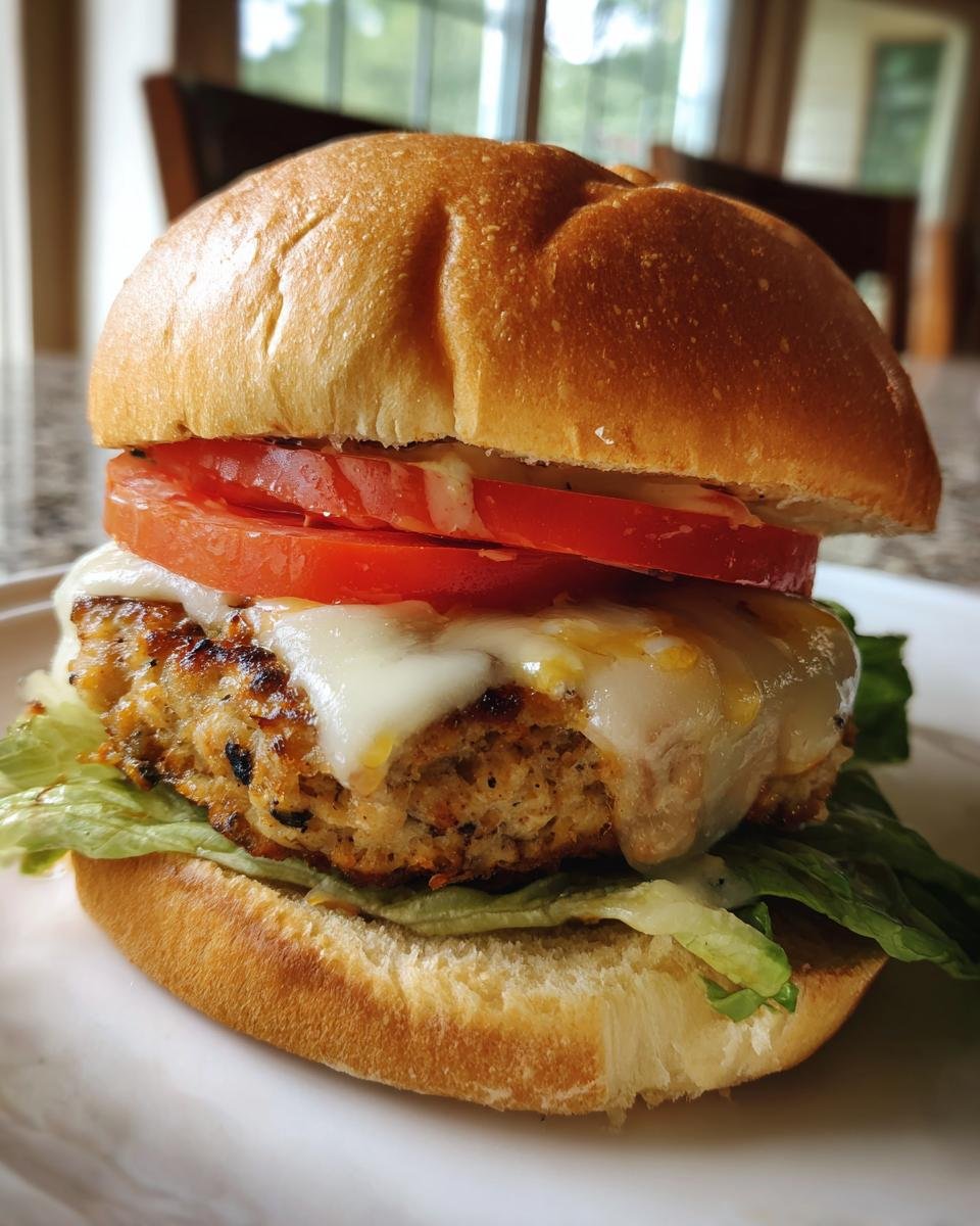 A close-up of a finished Juicy Turkey Burger stacked on a bun with melted white cheese, tomato slices, and crisp lettuce.