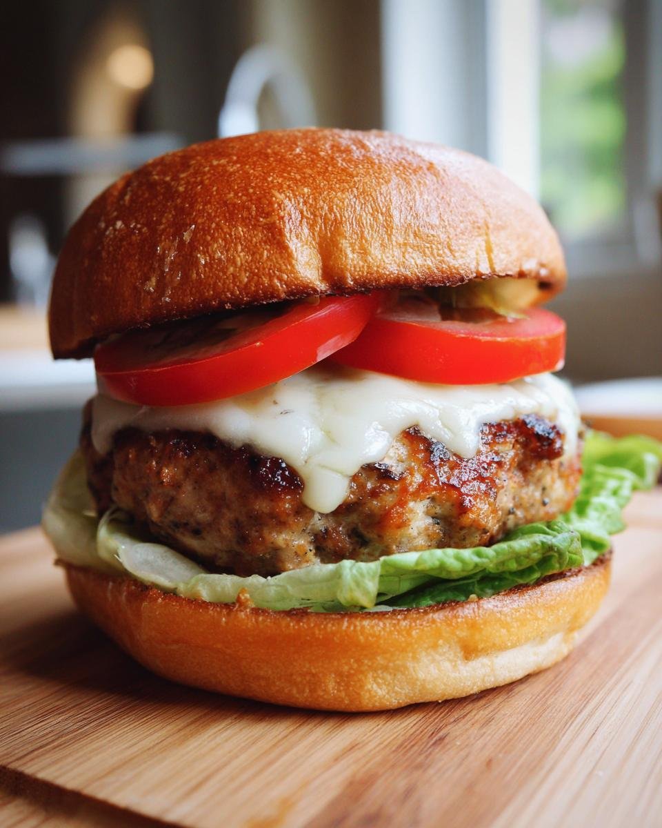 Close-up of a Juicy Turkey Burgers patty topped with melted white cheese, tomato slices, and lettuce on a toasted brioche bun.