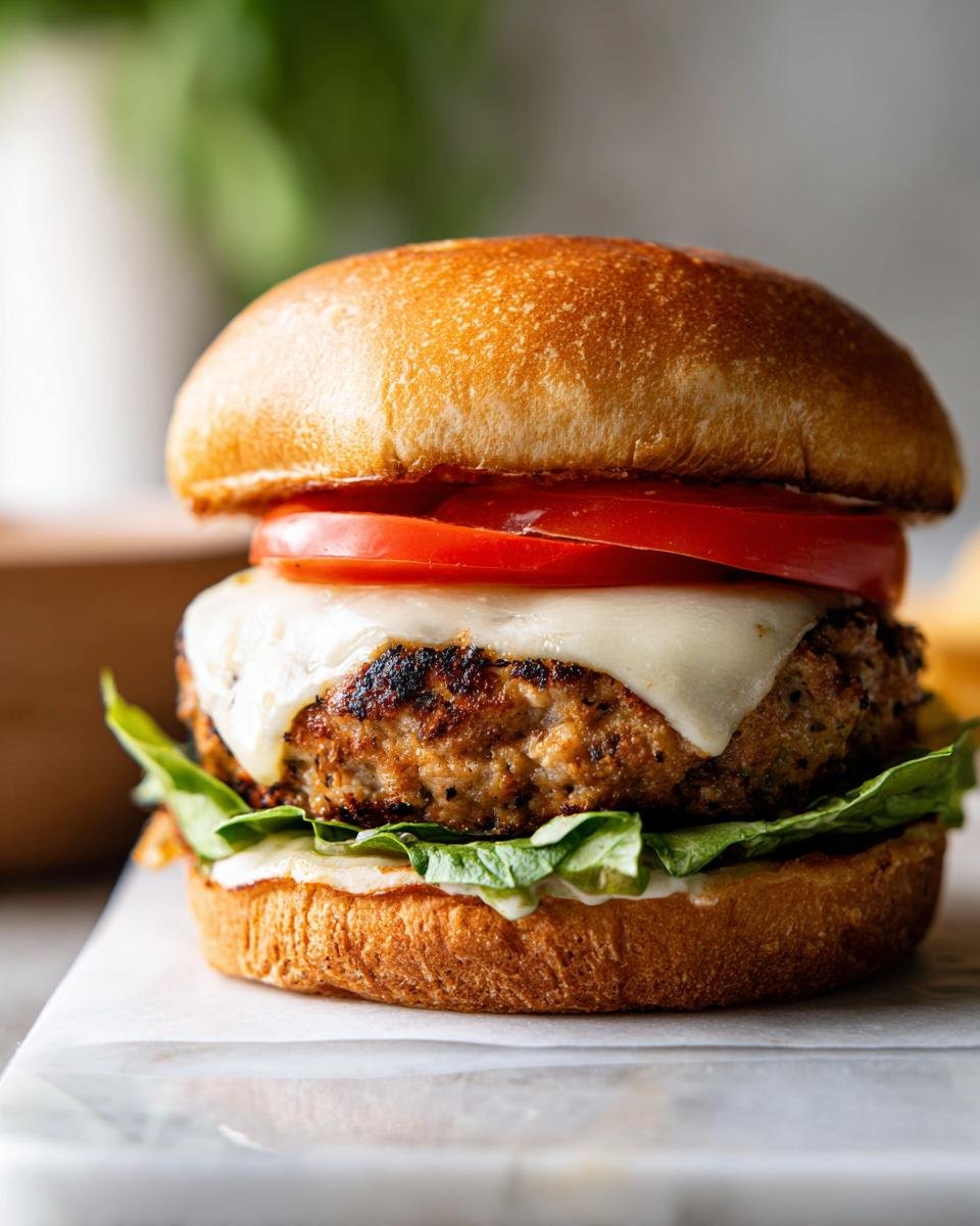 Close-up of a single, perfectly assembled Juicy Turkey Burgers with melted white cheese, tomato, and lettuce on a toasted bun.