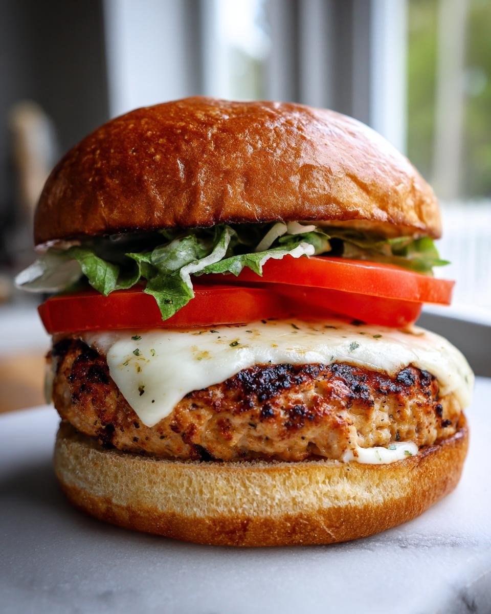 A close-up shot of a juicy turkey burger topped with melted white cheese, tomato slices, and lettuce on a toasted bun.