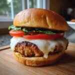 Close-up of a juicy turkey burger patty topped with melted white cheese, tomato, and lettuce on a brioche bun.
