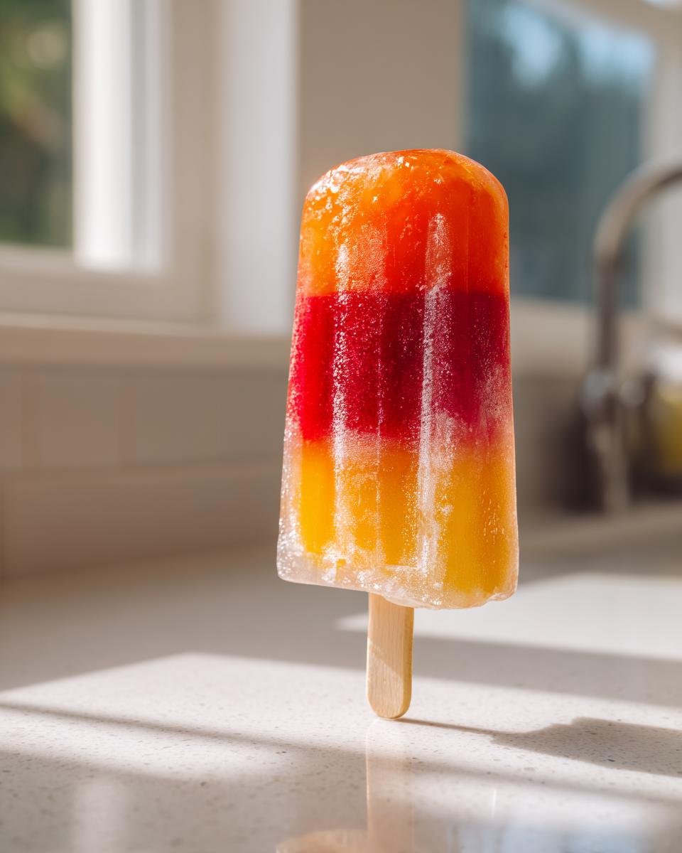 A vibrant, layered Bahama Mama Ice Pops standing upright on a bright kitchen counter, showing orange, red, and yellow fruit layers.