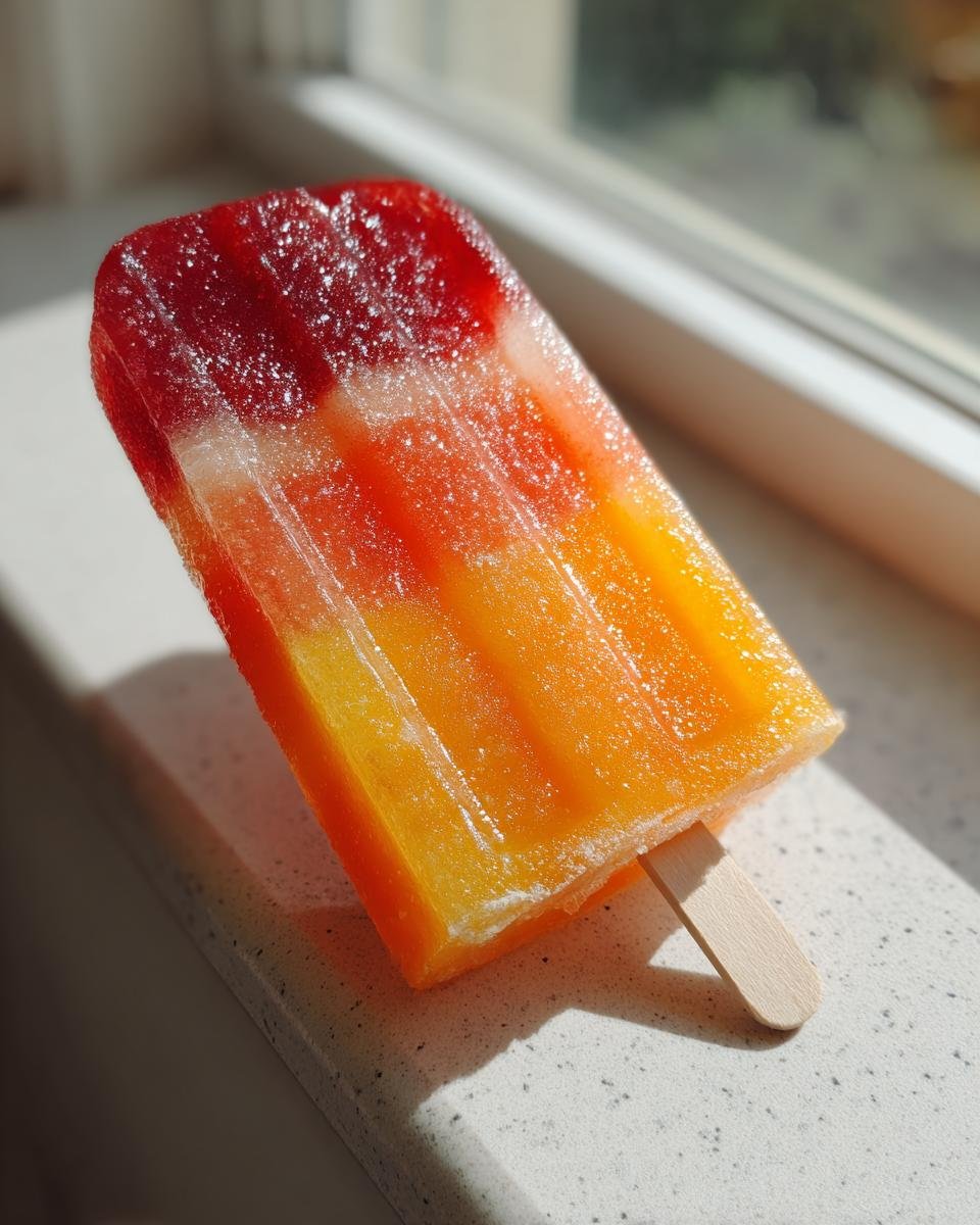 A close-up of a vibrant, layered Bahama Mama Ice Pops featuring red, orange, and yellow frozen layers on a white surface.