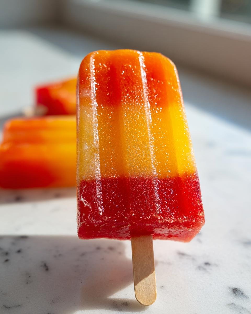 A close-up of a vibrant, layered Bahama Mama Ice Pop with red and orange/yellow stripes on a white surface.