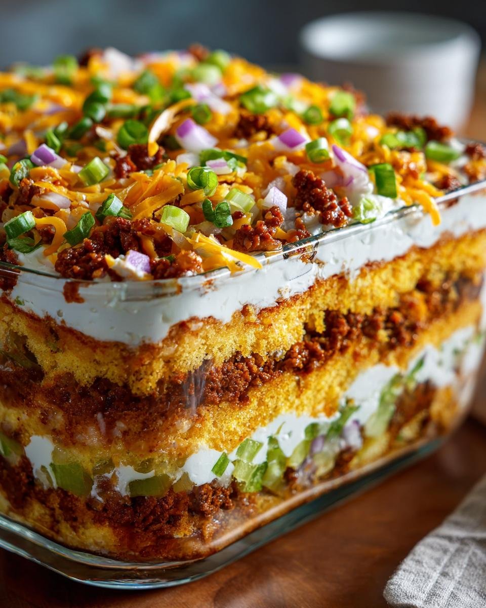 Close-up of a layered Jiffy Cornbread Salad recipe showing cornbread, creamy dressing, seasoned meat, celery, and toppings.