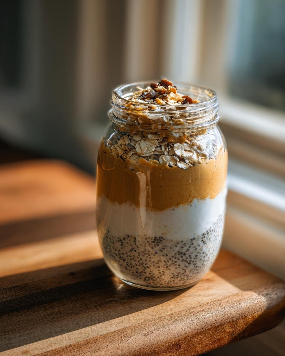 Close-up of Peanut Powder Overnight Oats layered with chia seeds, yogurt, peanut mixture, and topped with rolled oats and raisins.