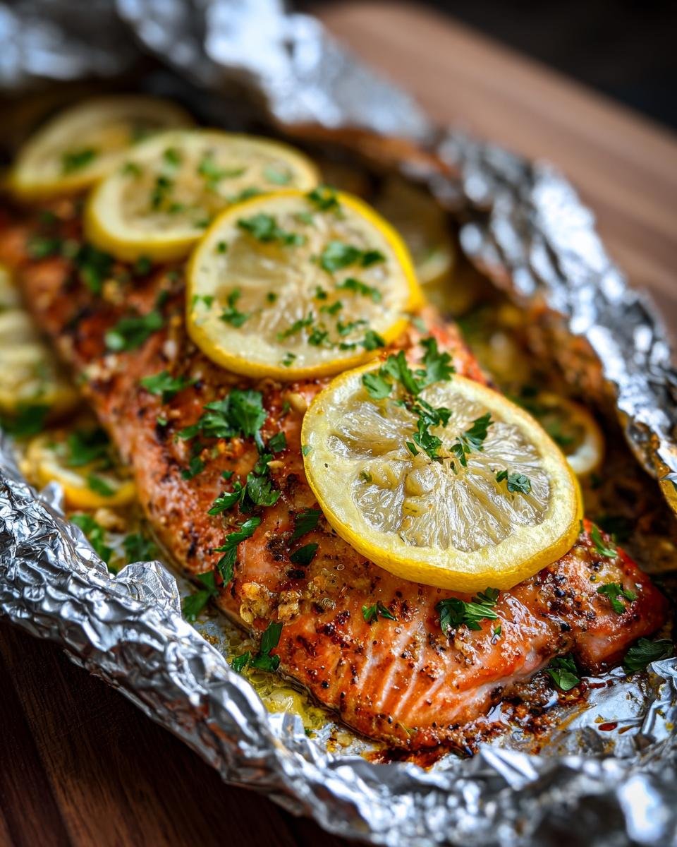 Close-up of a cooked Lemon Pepper Salmon Foil Packets topped with lemon slices and fresh parsley.