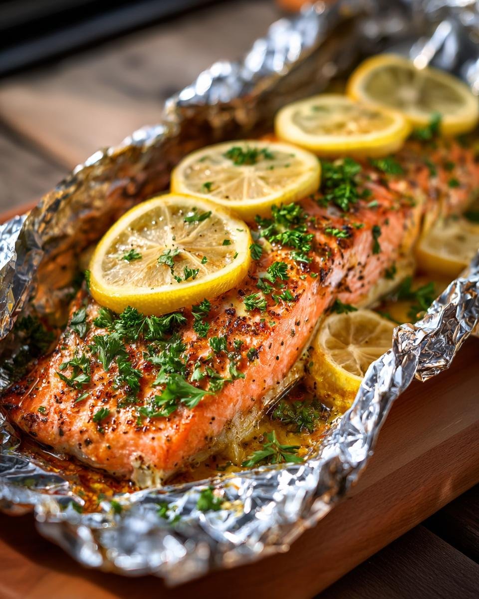 Close-up of cooked Lemon Pepper Salmon Foil Packets topped with fresh lemon slices and chopped parsley.