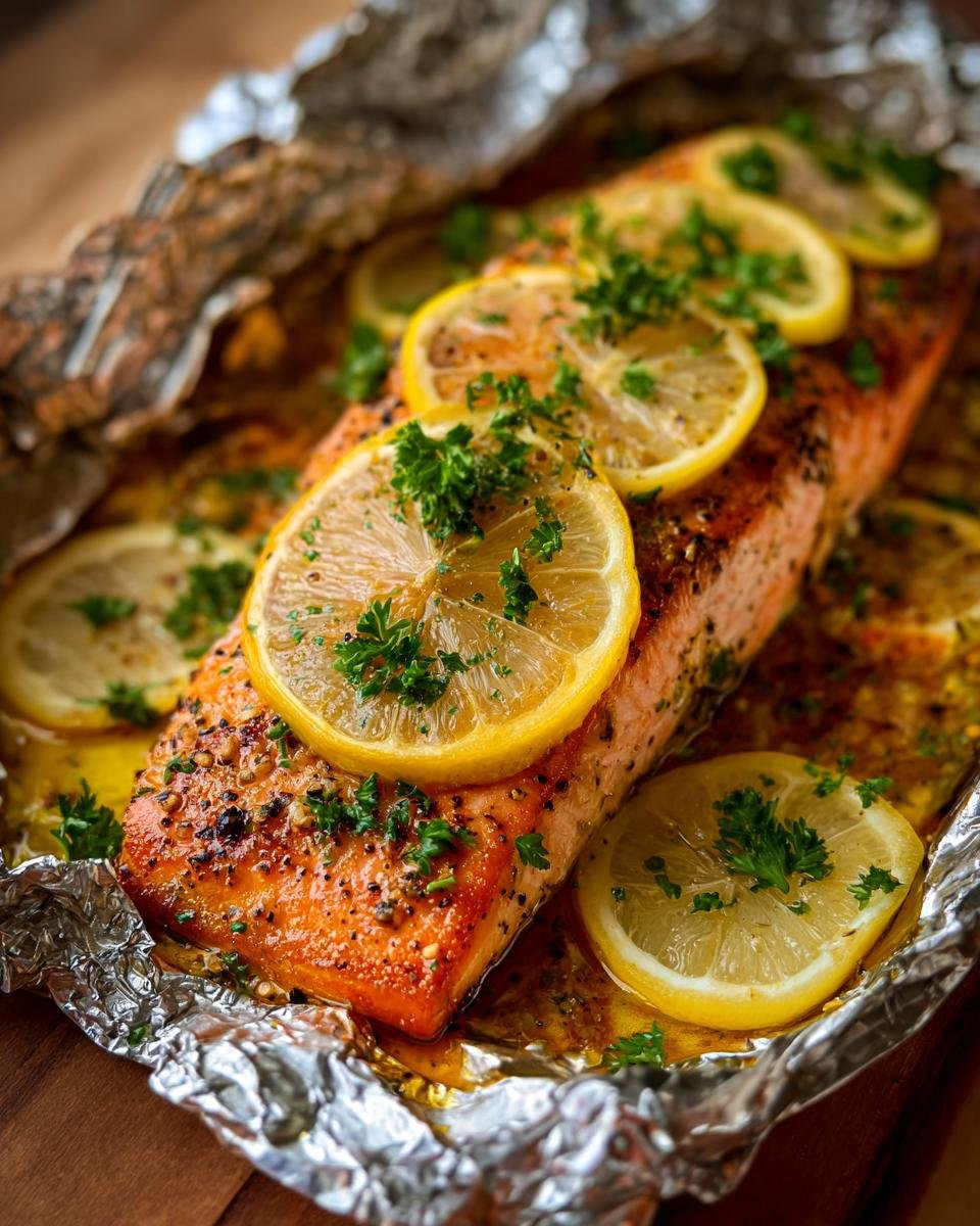 Close-up of a perfectly cooked Lemon Pepper Salmon Foil Packets fillet topped with lemon slices and fresh parsley.