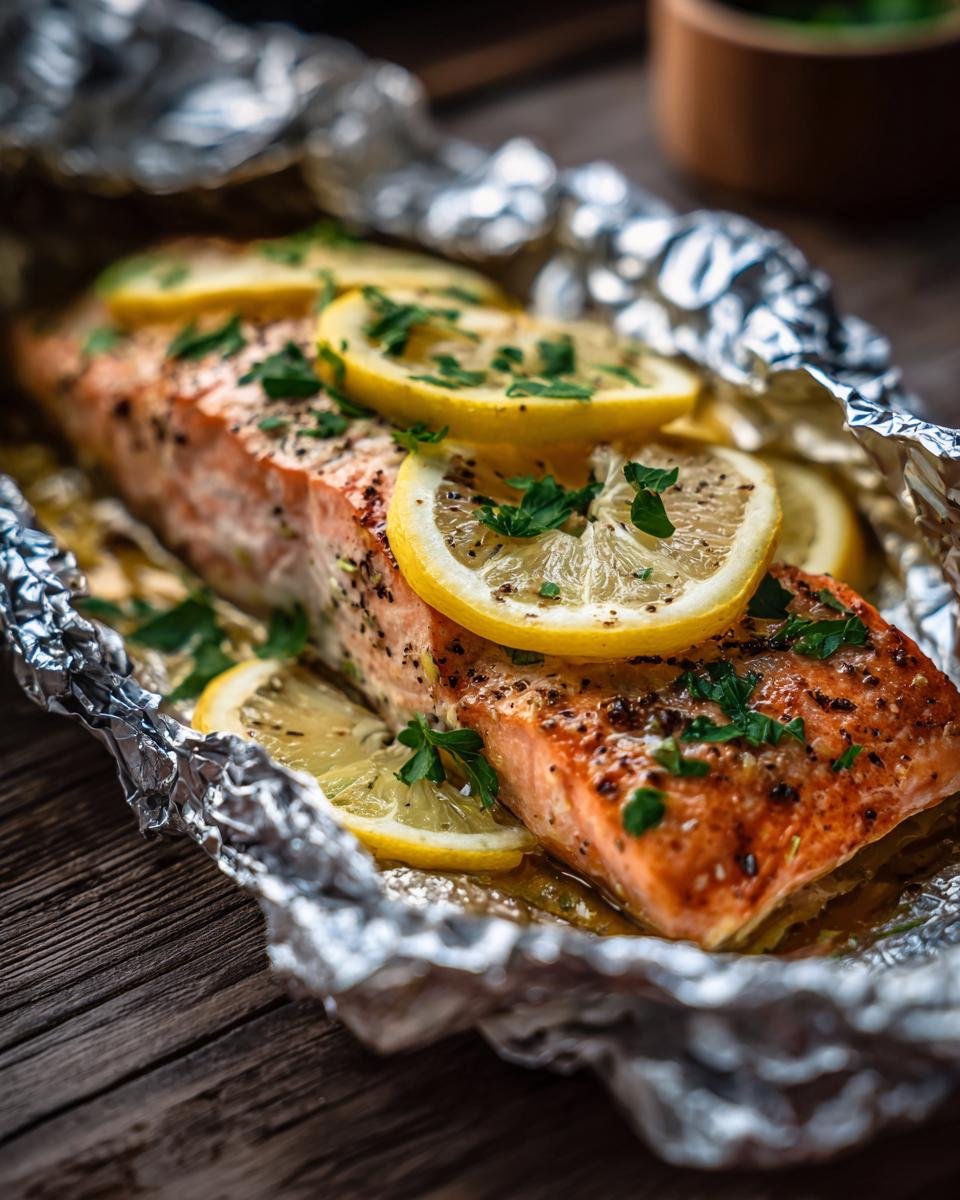 Close-up of a cooked Lemon Pepper Salmon Foil Packets topped with fresh lemon slices and parsley.