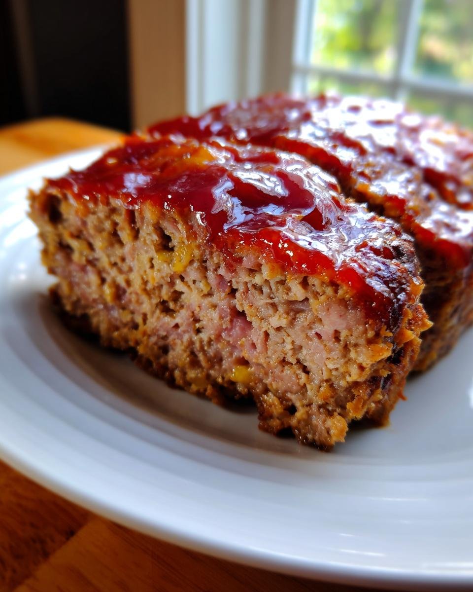 A close-up of two slices of moist Lipton Onion Soup Meatloaf topped with a shiny red glaze on a white plate.
