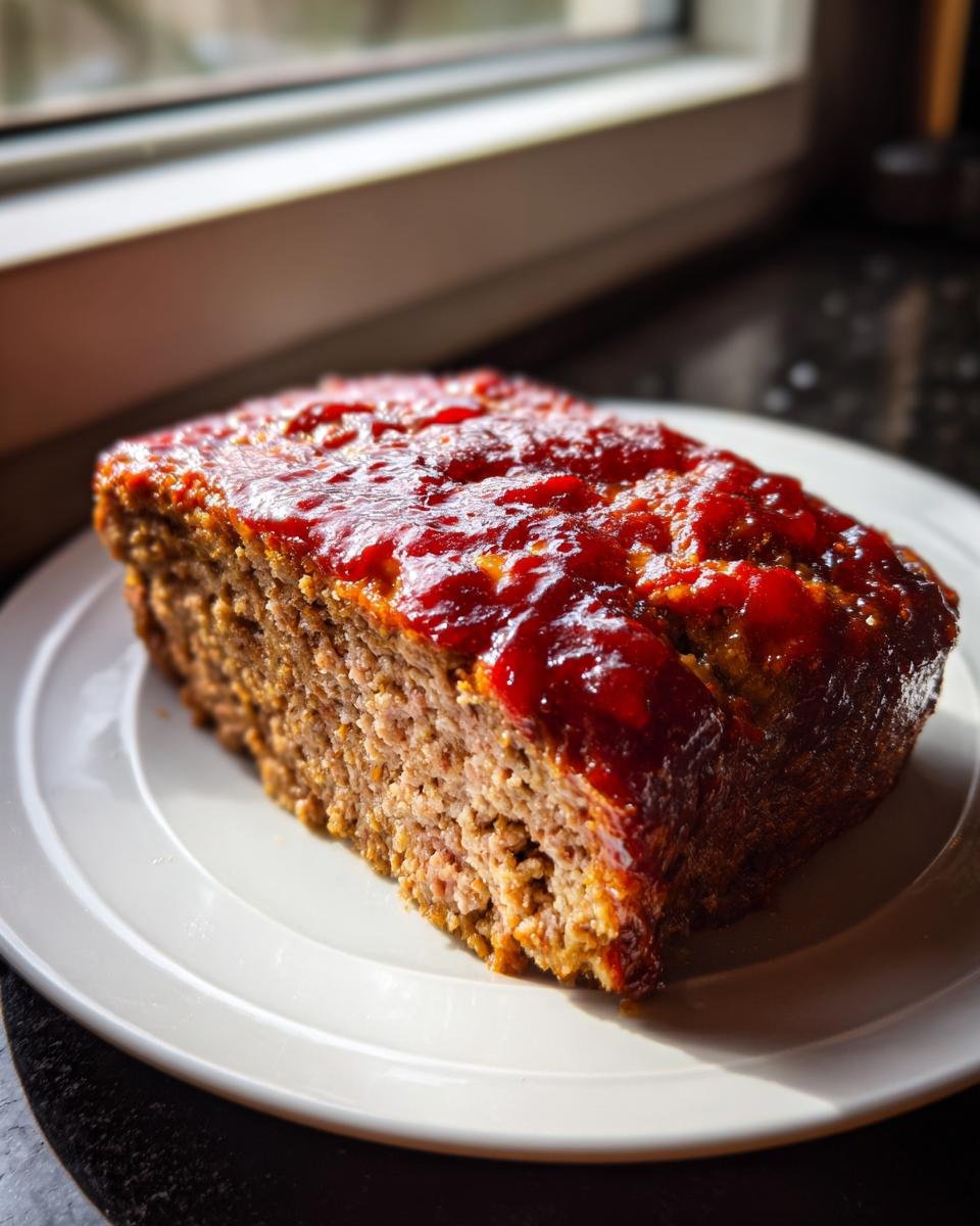 A thick slice of moist Lipton Onion Soup Meatloaf topped with a shiny red glaze, served on a white plate.