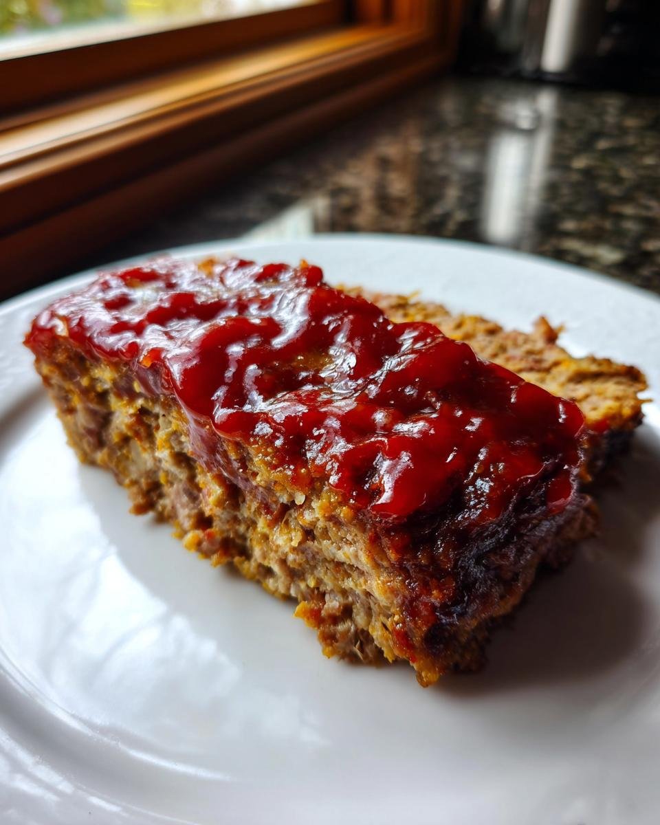 A close-up of a thick slice of Lipton Onion Soup Meatloaf topped with a shiny red glaze on a white plate.
