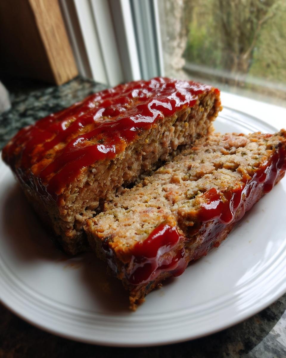 Two thick slices of moist Lipton Onion Soup Meatloaf topped with a shiny red ketchup glaze, served on a white plate.