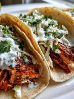 Three soft shell Mahi Mahi Fish Tacos topped with spicy fish, creamy slaw, and cilantro lime sauce.
