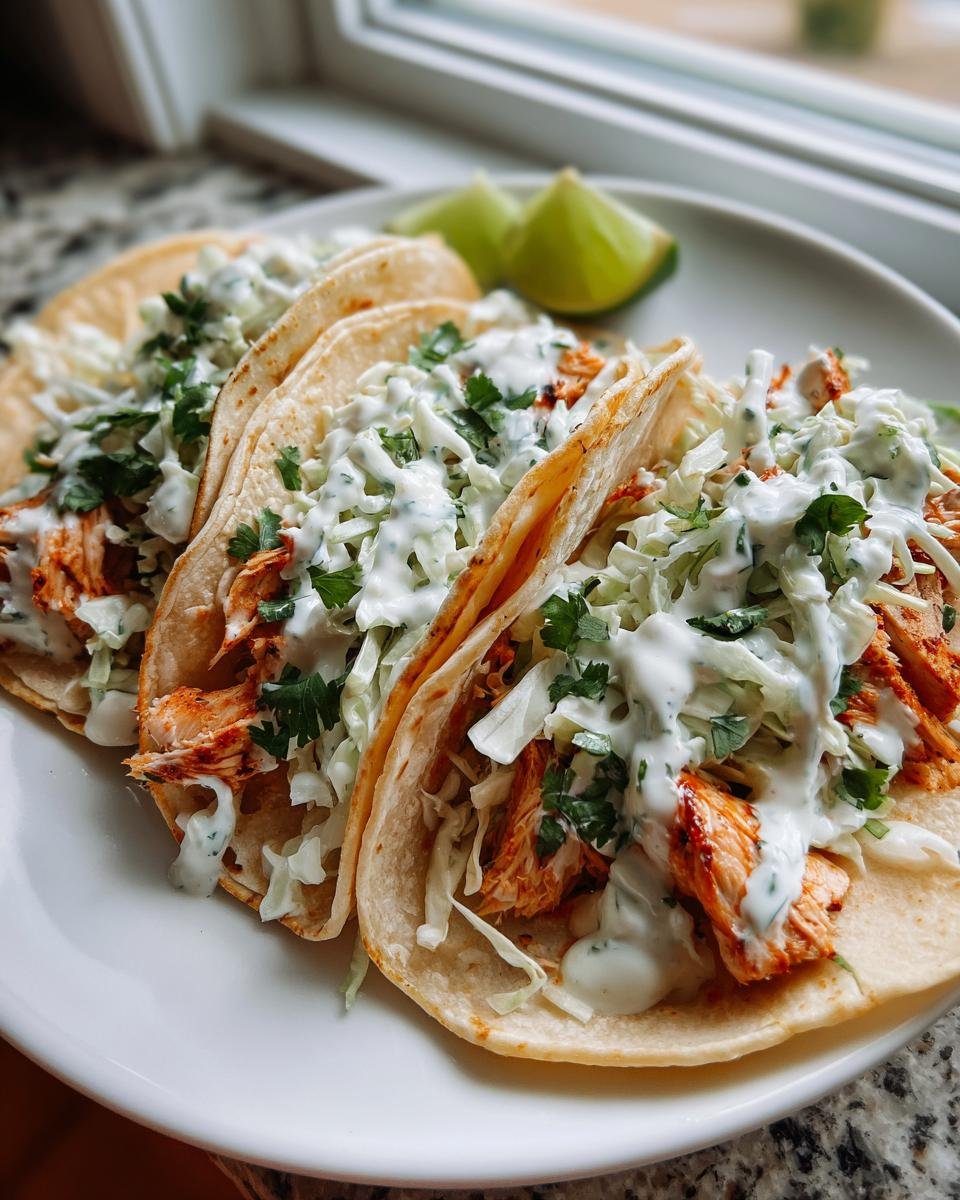 Three soft shell Mahi Mahi Fish Tacos topped with creamy slaw and drizzled with sauce, served with lime wedges.