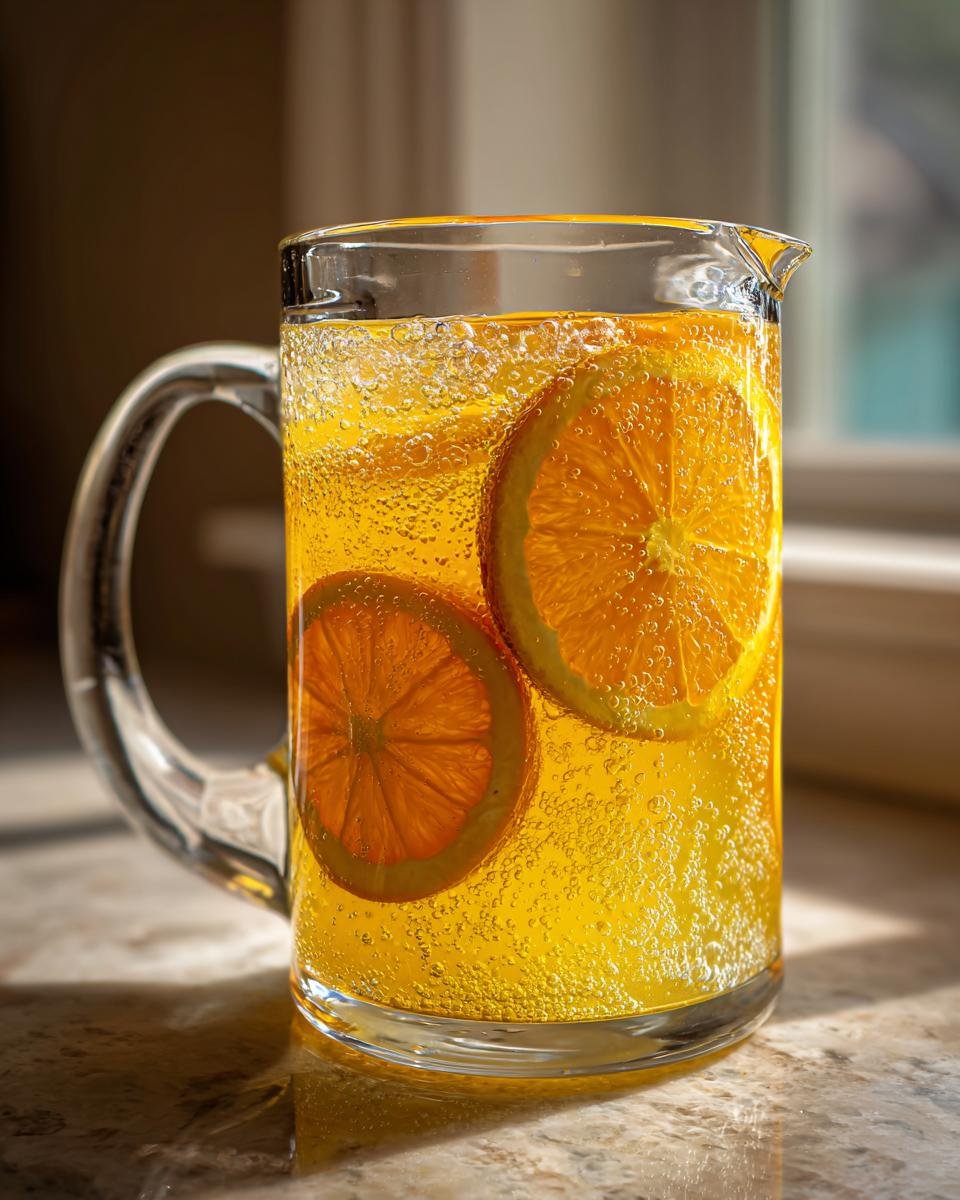 A clear glass pitcher filled with a bubbly, bright yellow Mimosa Pitcher Cocktail, garnished with fresh orange slices.