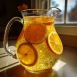A glass pitcher filled with a sparkling, golden Mimosa Pitcher Cocktail garnished with bright orange slices.