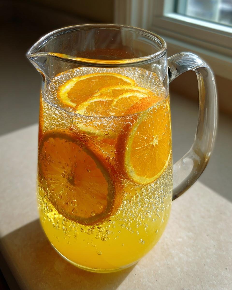 A clear glass pitcher filled with a bubbly, yellow Mimosa Pitcher Cocktail garnished with fresh orange slices.