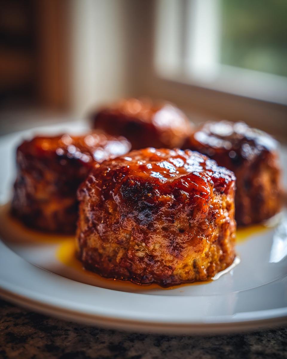 Four glazed Mini Turkey Meat Loaves Without Ketchup served on a white plate, glistening under warm light.