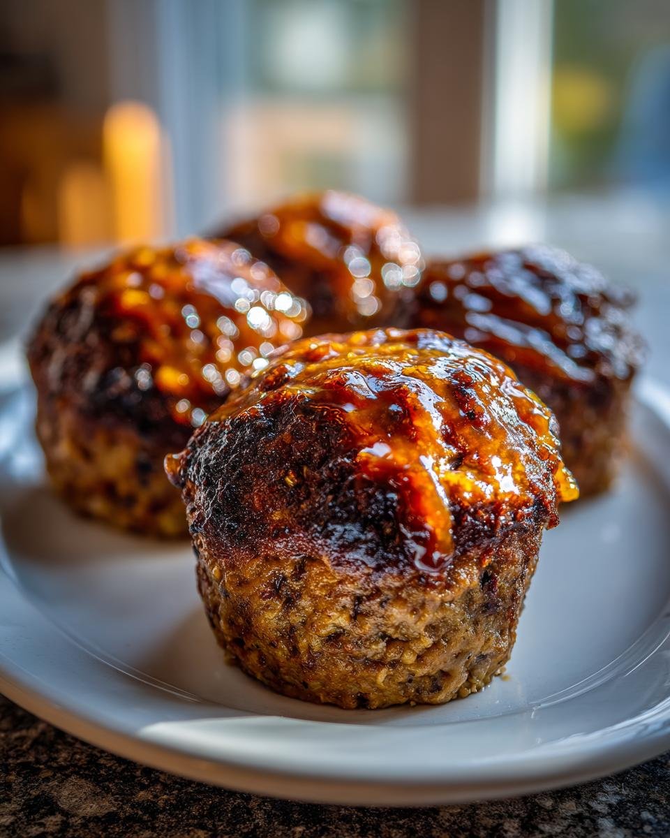 Close-up of perfectly baked Mini Turkey Meat Loaves Without Ketchup, topped with a shiny, amber glaze.