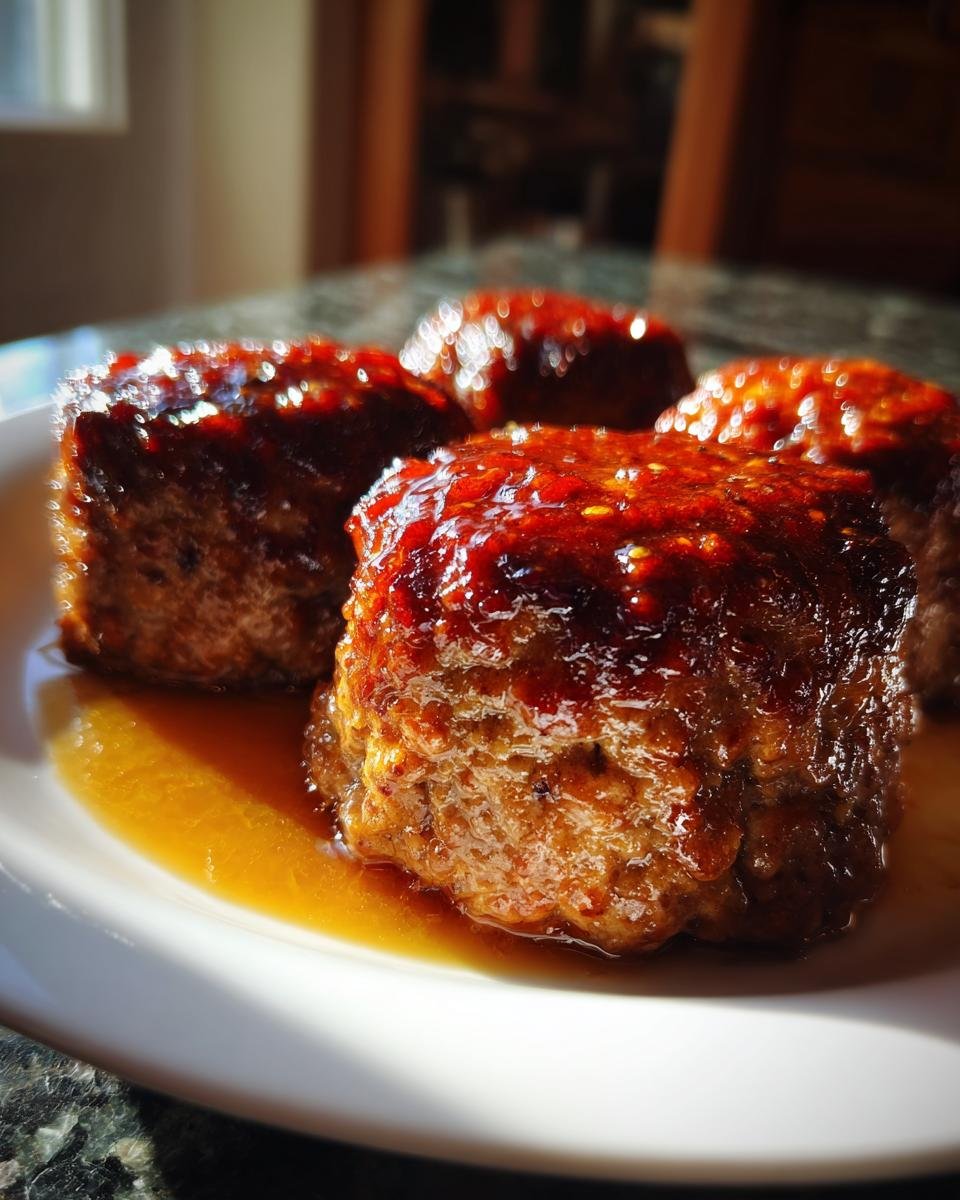 Four glistening, glazed Mini Turkey Meat Loaves Without Ketchup sitting in a pool of sauce on a white plate.