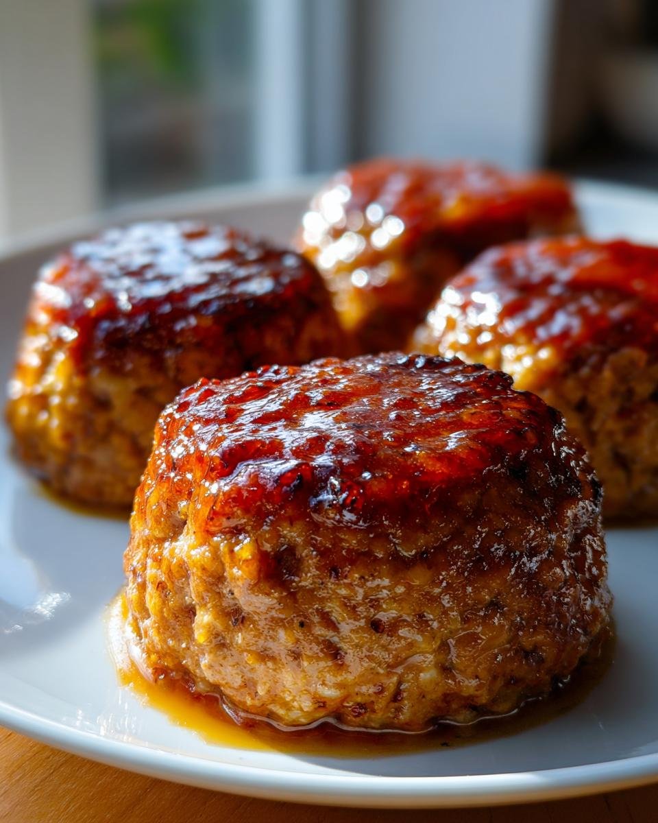 Four perfectly formed Mini Turkey Meat Loaves Without Ketchup on a white plate with a shiny, caramelized glaze.
