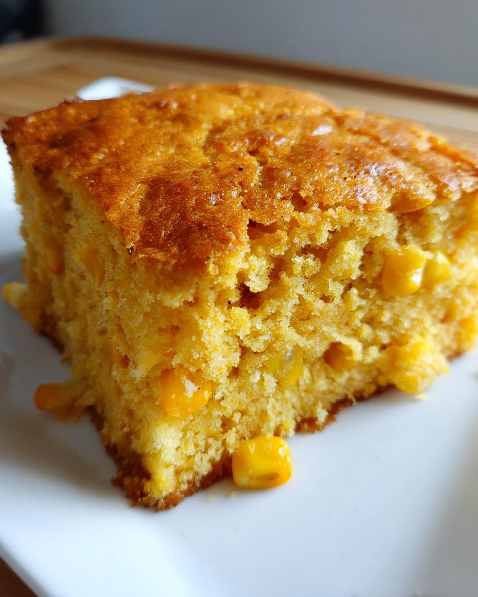 A close-up of a square slice of golden yellow Cornbread Casserole, showing whole corn kernels throughout the moist texture.