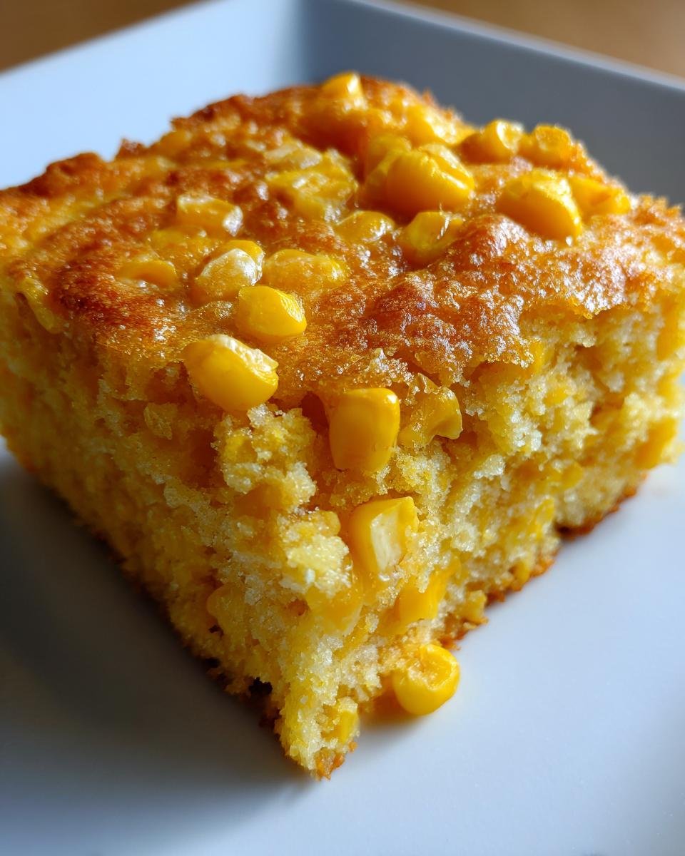 Close-up of a square slice of moist Cornbread Casserole topped generously with bright yellow corn kernels.