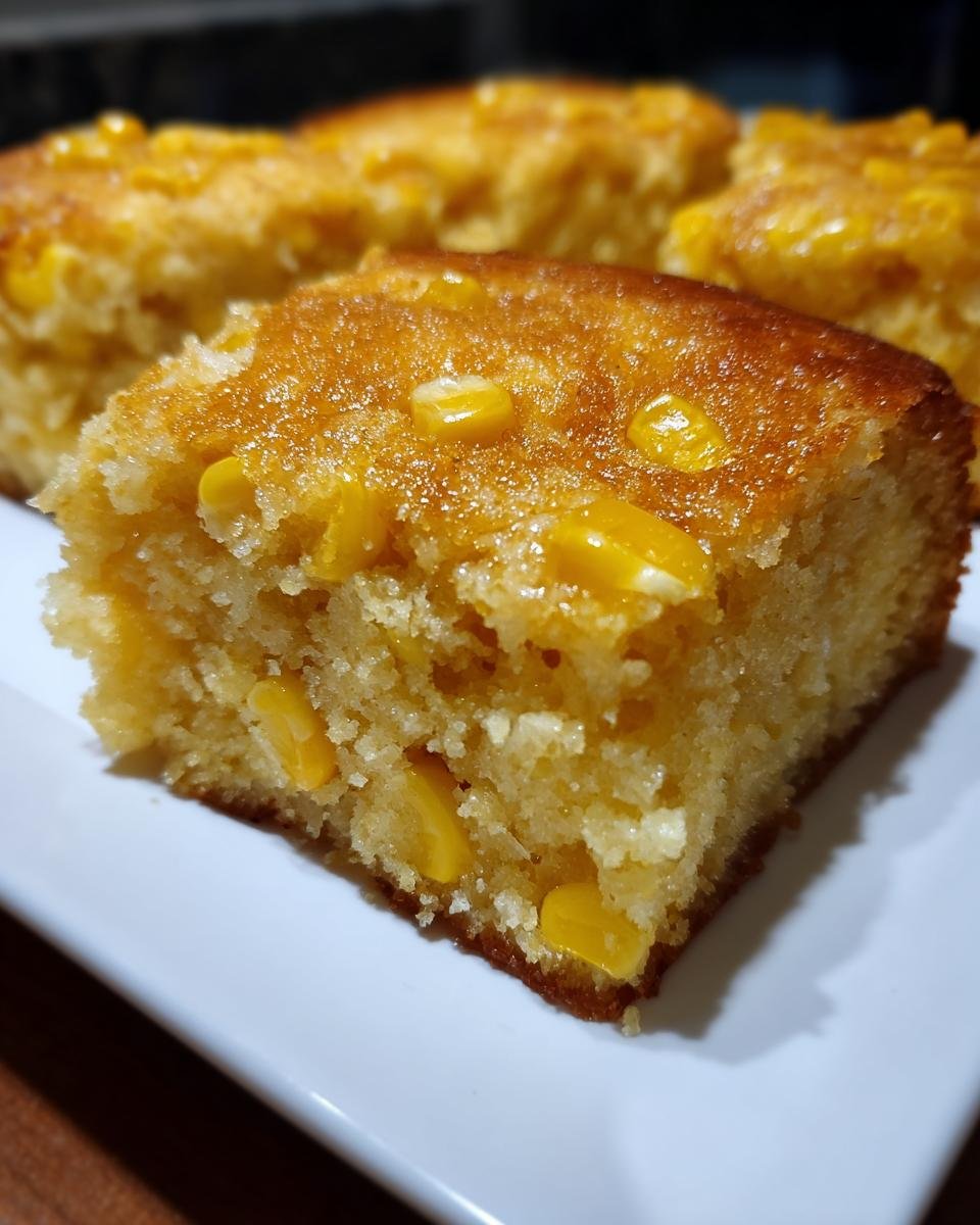 Close-up of a moist, golden slice of Cornbread Casserole studded with whole corn kernels.