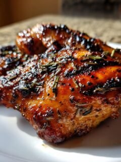 Close-up of beautifully glazed and charred Mojo Chicken pieces seasoned with rosemary on a white plate.
