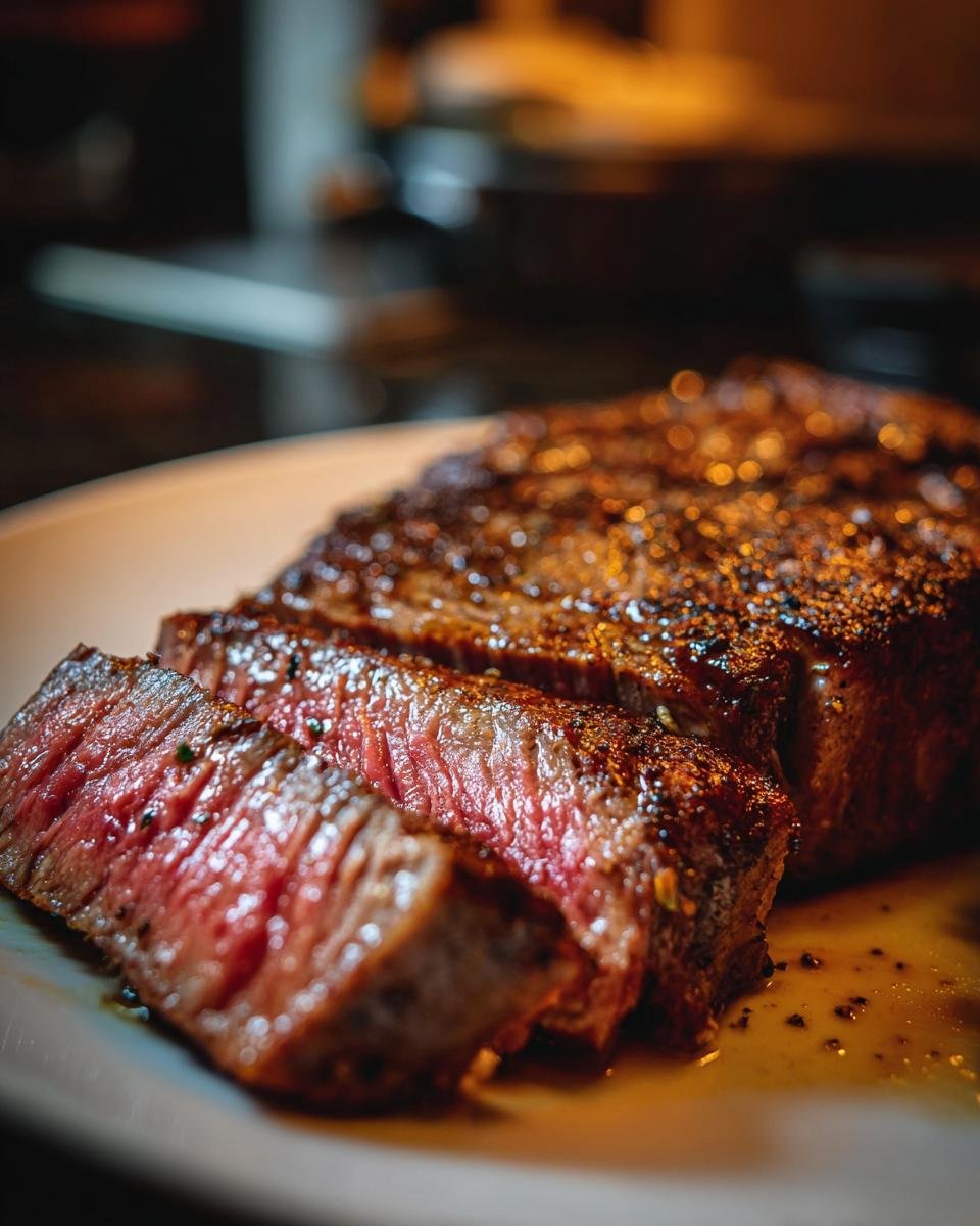 Close-up of a perfectly cooked New York Strip Steak, sliced to show a medium-rare center and dark sear.
