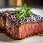 Close-up of a medium-rare New York Strip Steak, seared and seasoned, topped with fresh rosemary.