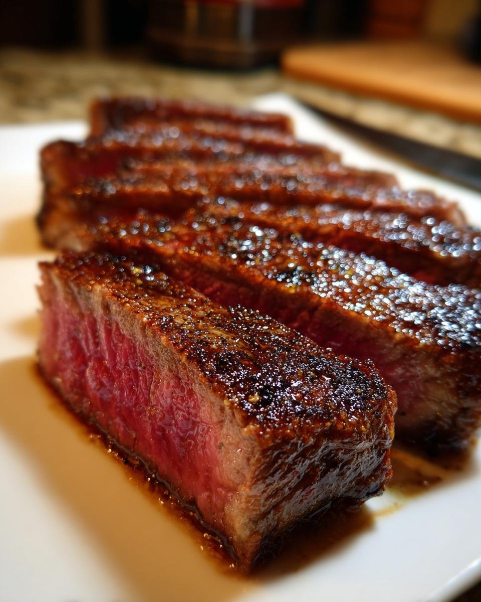 Close-up of medium-rare New York Strip Steak, sliced and showing a beautiful sear and juicy interior.