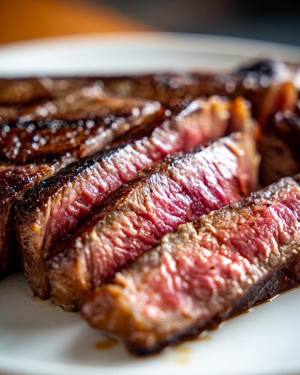 Close-up of medium-rare New York Strip Steak, sliced to show the juicy, pink center and seared crust.